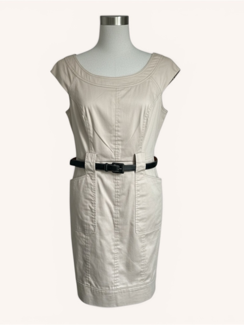 WHBM Tan Safari Sheath Dress Size 6 Cap Sleeve Belted Career Office - Picture 2 of 12